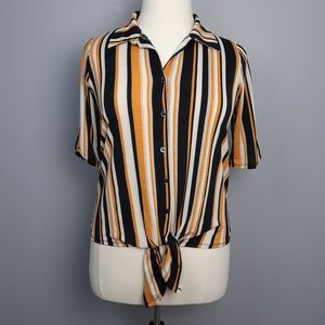 Naif Black and Yellow Striped Button Front Elbow Sleeve Shirt size Large